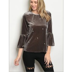 SOLD OUT. Velvet Pearl Blouse With 3/4 Bell Sleeve